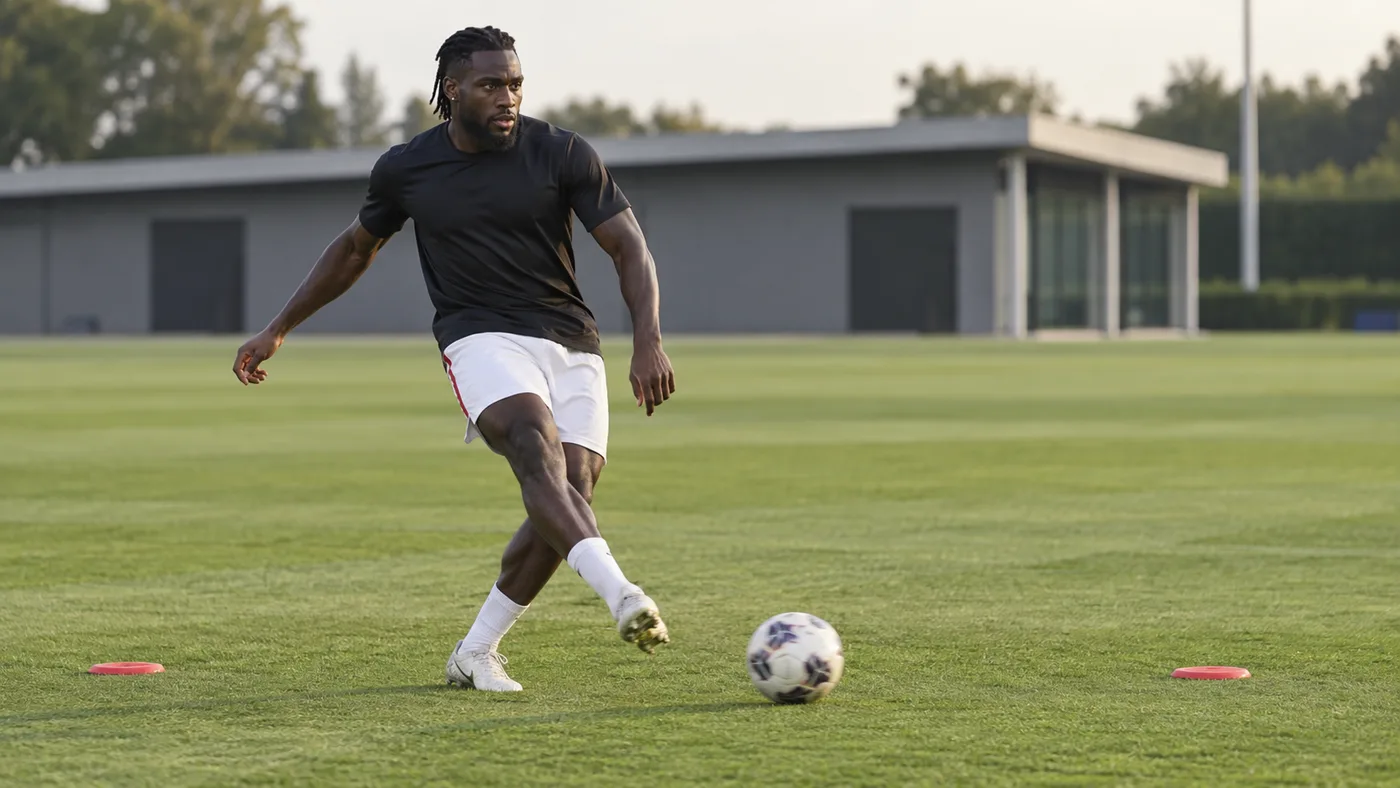 Calvin Bassey chuyền bóng chéo bằng chân trái trên sân tập