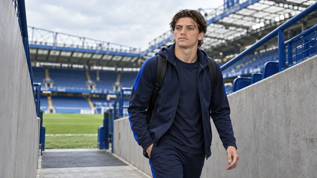 Marco Palestra đi qua lối khán đài hướng ra sân Chelsea