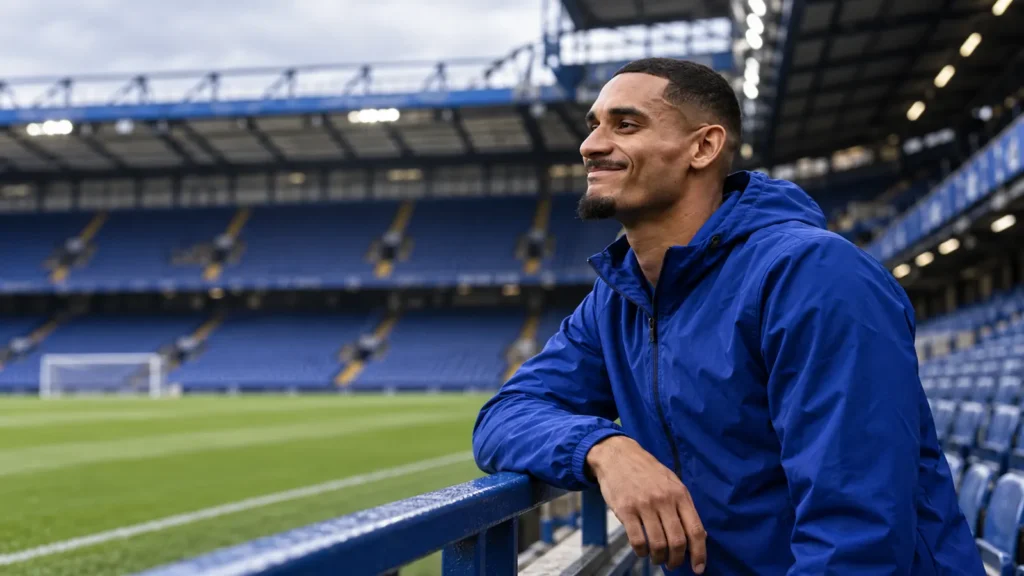 Maxence Lacroix quan sát sân từ khán đài Chelsea