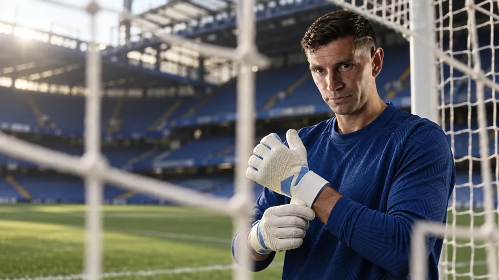 Emiliano Martínez chỉnh găng trong khung thành Chelsea