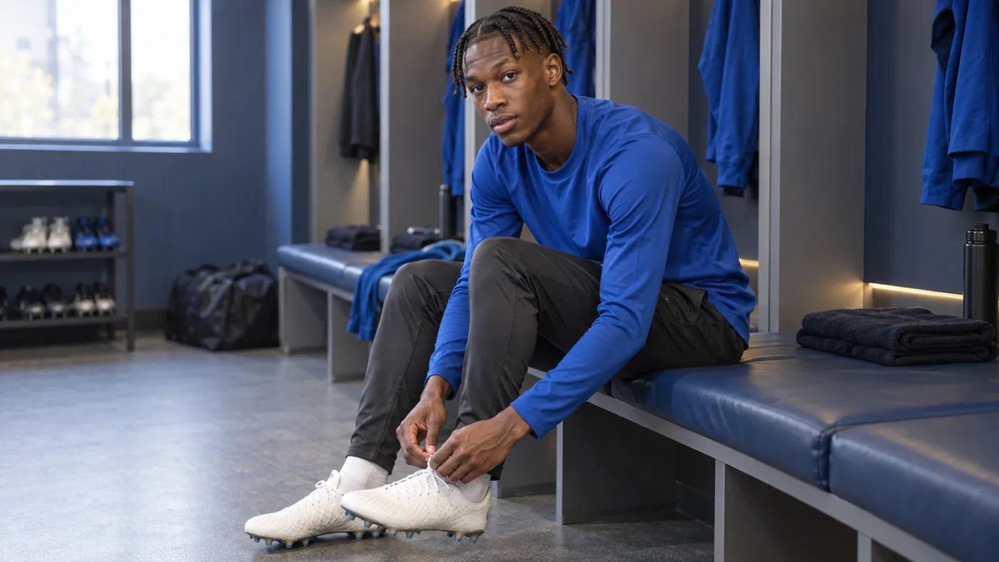 Emmanuel Emegha buộc dây giày trước một buổi tập
