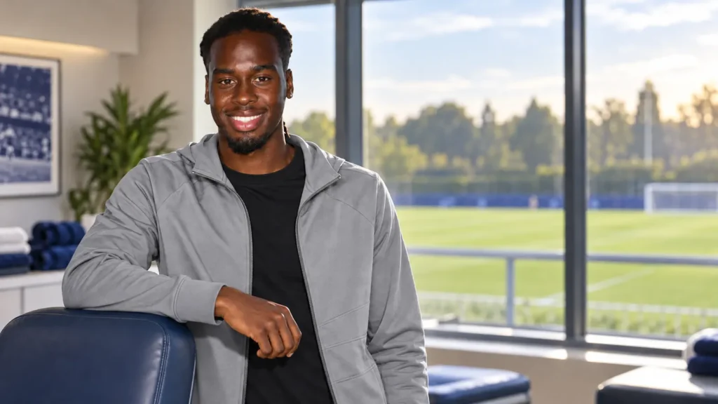 Jamie Gittens tại khu hồi phục nhìn ra sân tập Chelsea