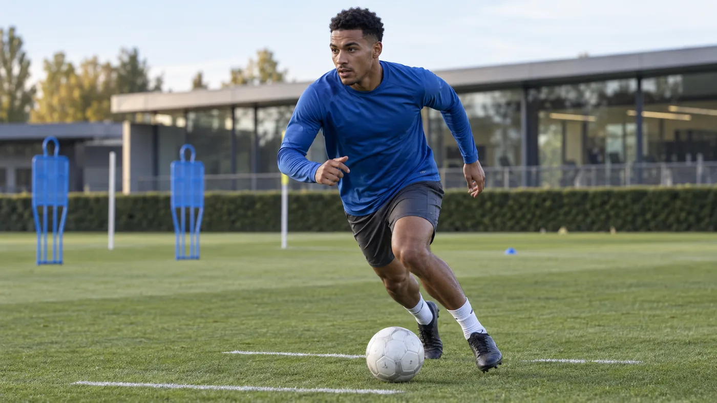 Morgan Rogers tăng tốc mang bóng trên sân tập Chelsea
