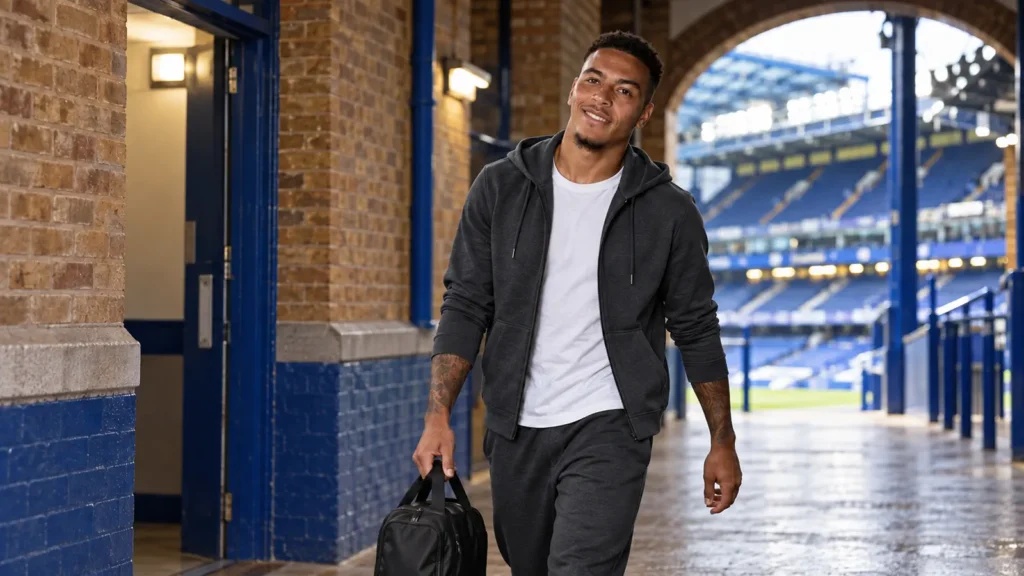 Morgan Rogers đi qua hành lang gạch tại sân Chelsea
